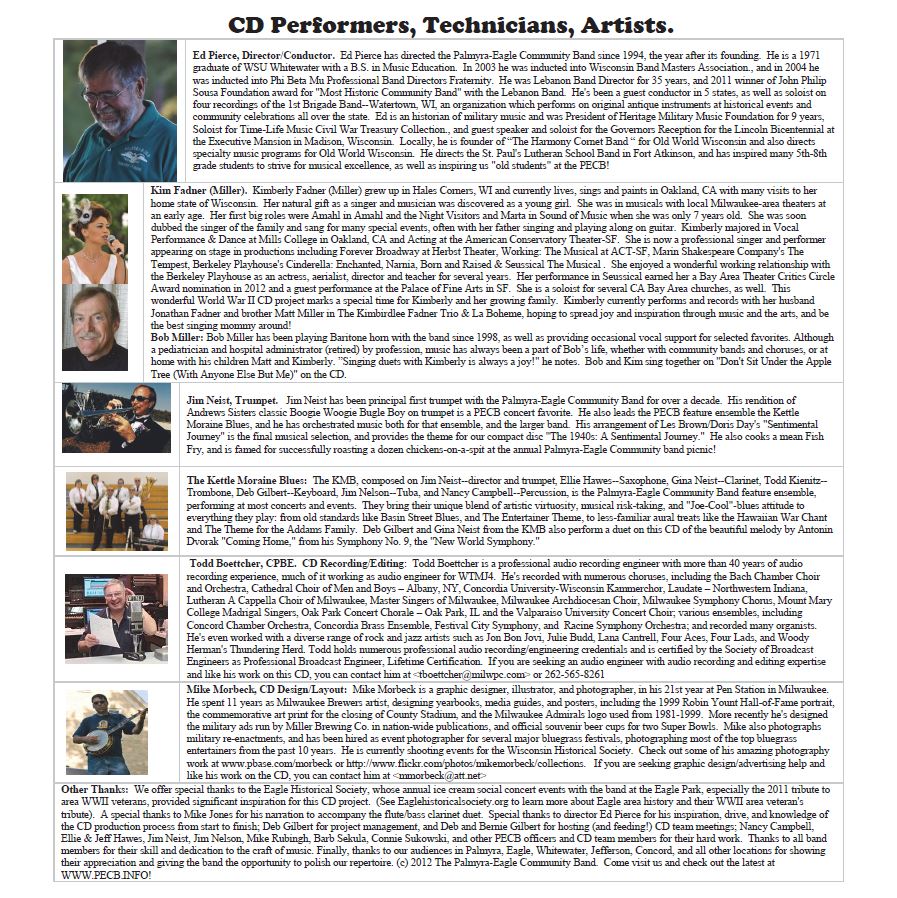 Bios for our CD Performers, Artists and Engineers Involved in the Project